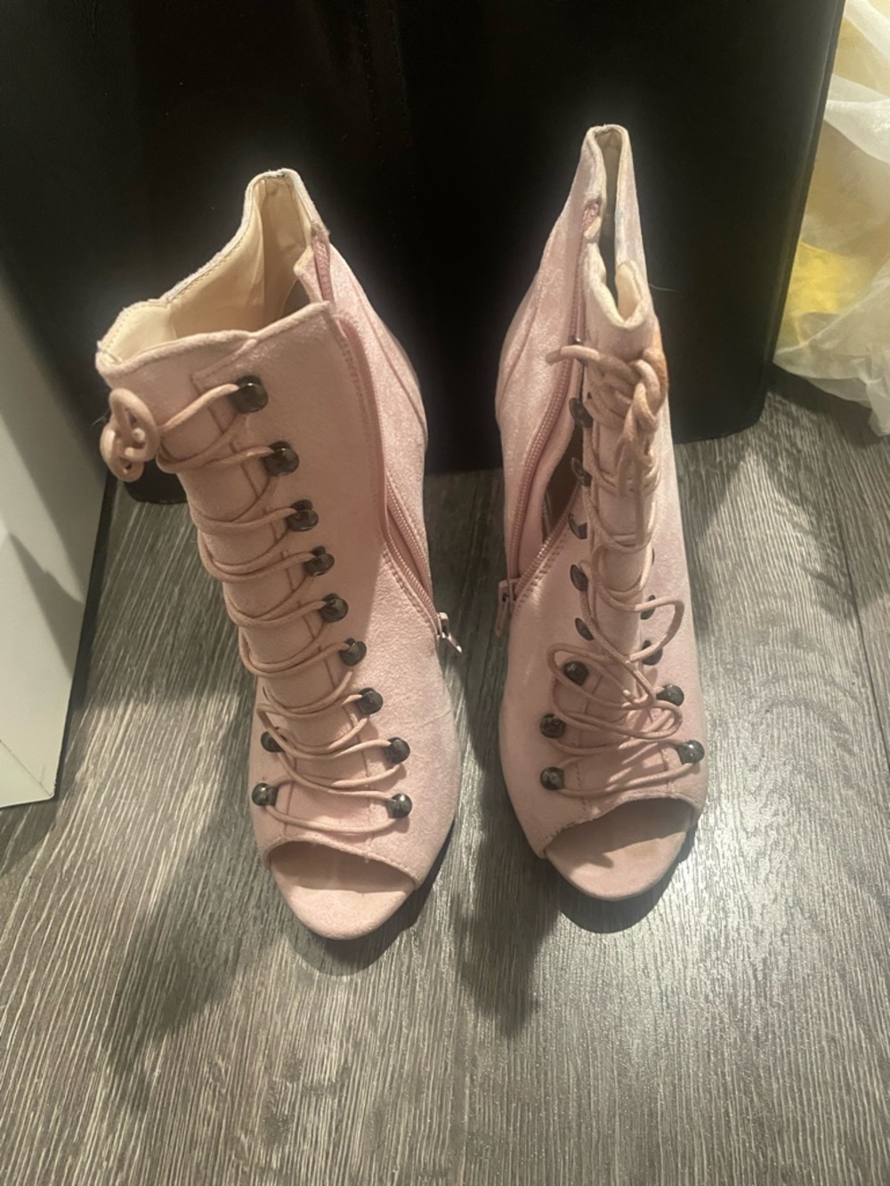 Women’s Blush Pink Lace-Up Peep-Toe Booties